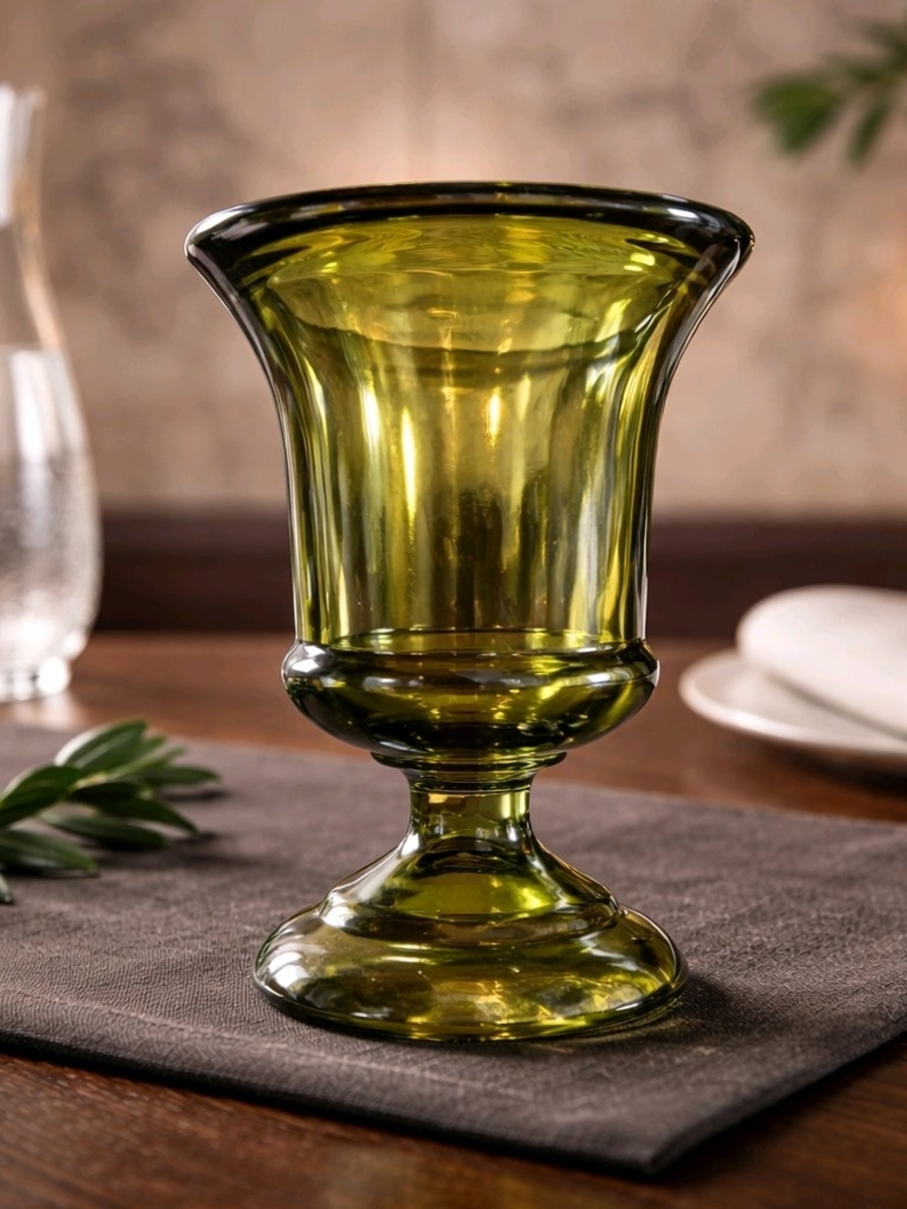 Vintage 1970s Indiana Glass Avocado Olive Green 6" Footed Pedestal Vase MCM